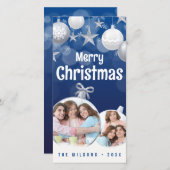 青エレガント白メリークリスマス2家族写真 シーズンカード (正面/裏面)