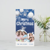 青エレガント白メリークリスマス2家族写真 シーズンカード (スタンド正面)