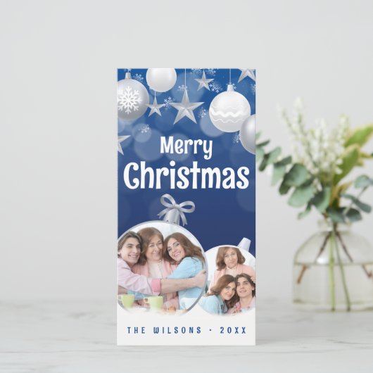 青エレガント白メリークリスマス2家族写真 シーズンカード (スタンド正面)