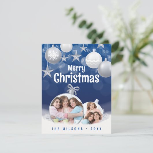 青エレガント白メリークリスマス2家族写真 シーズンカード (スタンド正面)