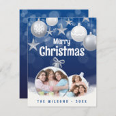 青エレガント白メリークリスマス2家族写真 シーズンカード (正面/裏面)
