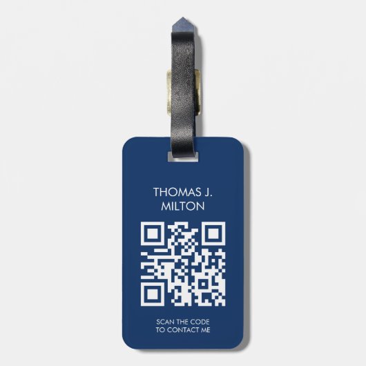 青エレガント白モノグはっきりしたラムQRコード ラゲッジタグ (裏面縦)