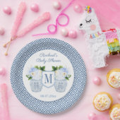 青エレガント白モノグラムフローラ赤ちゃんシャワー ペーパープレート (パーティー)