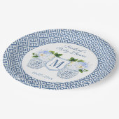 青エレガント白モノグラムフローラ赤ちゃんシャワー ペーパープレート (アングル)