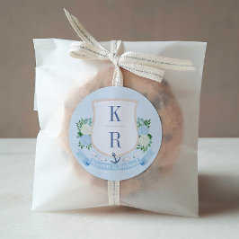 青エレガント白モノグラム結婚の ラウンドシール