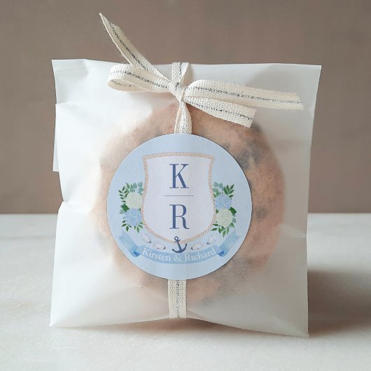 青エレガント白モノグラム結婚の ラウンドシール