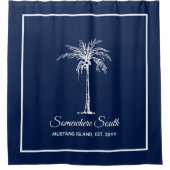 青エレガント白ヤシパーソナライズされた木 シャワーカーテン (正面)