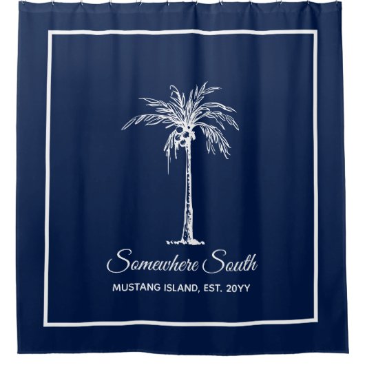 青エレガント白ヤシパーソナライズされた木 シャワーカーテン (正面)