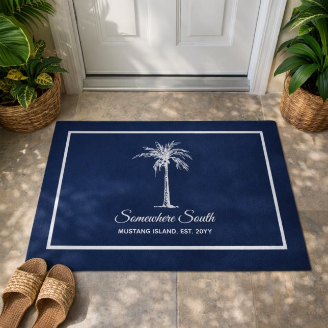 青エレガント白ヤシパーソナライズされた木 ドアマット (Elegant Blue White Palm Tree Personalized Doormat)