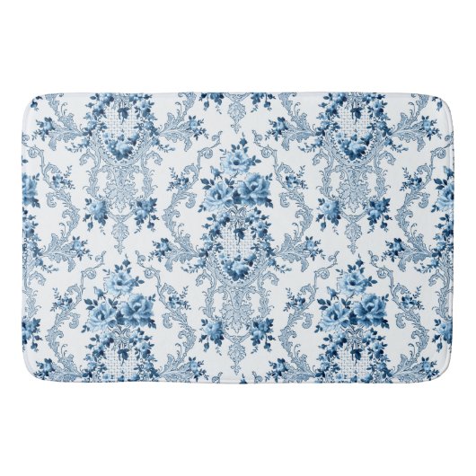青エレガント白ロココフランスのフローラ バスマット (正面)