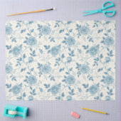 青エレガント白ヴィンテージインスパイア花模様 薄葉紙 (クラフト)