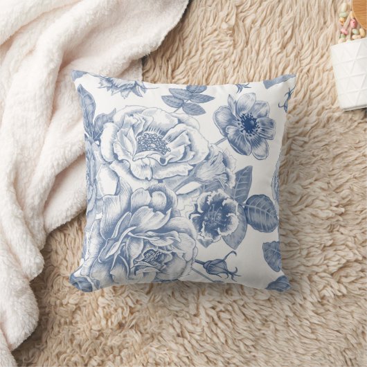 青エレガント白ヴィンテージフローラ脱毛枕 クッション (ブランケット)