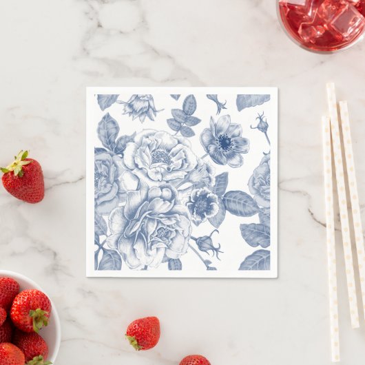 青エレガント白ヴィンテージ花柄ナプキン スタンダードカクテルナプキン (インサイチュ)