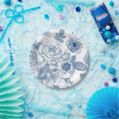 青エレガント白ヴィンテージ花柄プレート ペーパープレート (パーティー)