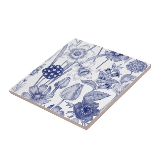 青エレガント白ヴィンテージ花模様タイル タイル (側面)