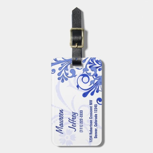 青エレガント白抽象芸術フローラパーソナライズされた ラゲッジタグ (正面縦)