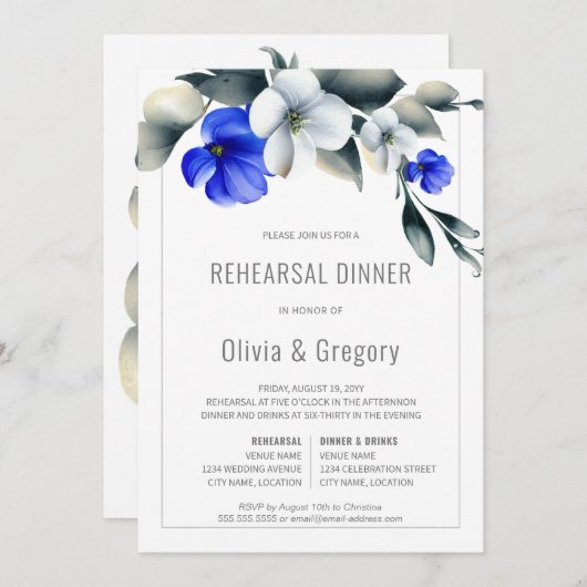 青エレガント白王室のフローラリハーサルディナー 招待状 (正面/裏面)