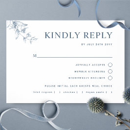 青エレガント白結婚の食事RSVPあり/なし 出欠カード