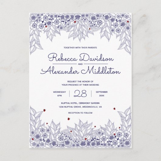 青エレガント白結婚の インビテーションポストカード (正面)