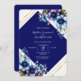 青エレガント白金ゴールドフレーム水彩花 招待状
