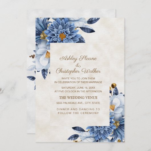 青エレガント白金ゴールドフローラ結婚 招待状 (正面/裏面)