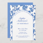 青エレガント白1歳の誕生日パーティー 招待状 (正面/裏面)