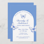 青エレガント白100歳の誕生日パーティー 招待状 (正面/裏面)