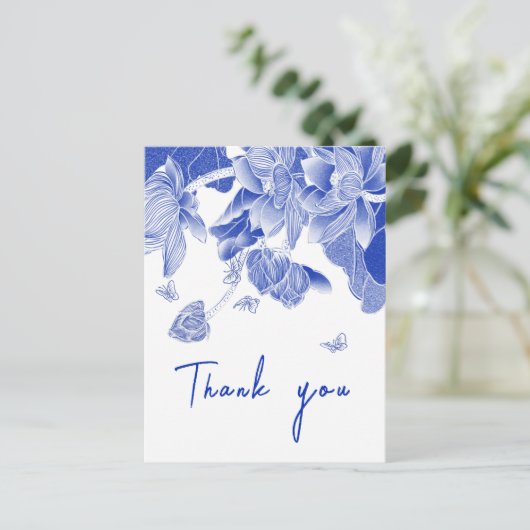 青エレガント白Chinoiserieフローラありがとう ポストカード (スタンド正面)