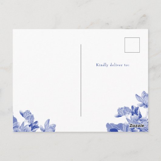 青エレガント白Chinoiserieフローラありがとう ポストカード (裏面)