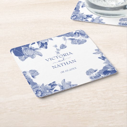 青エレガント白Chinoiserie Chisフローラ結婚ズ スクエアペーパーコースター (アングル)