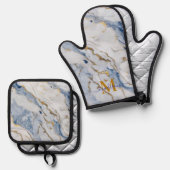 青エレガント白maize金ゴールド大理石花崗岩 鍋つかみ&鍋敷きセット (正面/裏面)