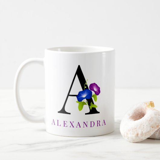 青エレガント紫の朝顔花 コーヒーマグカップ (ドーナツ)