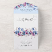 青エレガント紫の花結婚が一つになる オールインワン招待状 (外側)