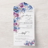 青エレガント紫の花結婚が一つになる オールインワン招待状 (内側)