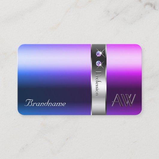 青エレガント紫グラディエント銀デコールモノグラム 名刺 (正面)