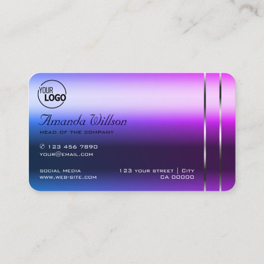 青エレガント紫グラデーション銀色の装飾とロゴ 名刺 (裏面)