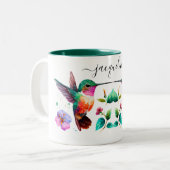 青エレガント紫ハミングバパーソナライズされたードネーム ツートーンマグカップ (正面左)