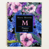 青エレガント紫ピンクのモノグラム黒フローラ プランナー手帳 (正面)