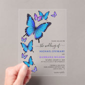 青エレガント紫フローラバタフライ結婚ズ アクリル招待状 (インサイチュ (ポータブル))