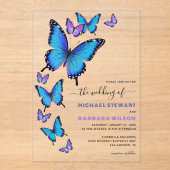 青エレガント紫フローラバタフライ結婚ズ アクリル招待状 (正面)