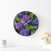 青エレガント紫マゼンタグリーンフローラアジサイ ラージ壁時計 (ホーム)