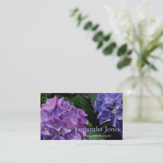 青エレガント紫マゼンタグリーンフローラアジサイ 名刺 (スタンド正面)
