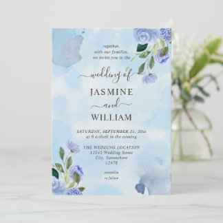 青エレガント紫色の水色のシンプルフローラ 招待状