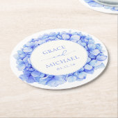 青エレガント紫陽花ウォーターカラーフローラ結婚ズ ラウンドペーパーコースター (アングル)