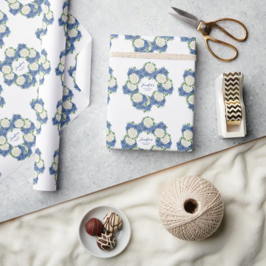 青エレガント紫陽花サマー春ベビーシャワー ラッピングペーパー (クラフト)