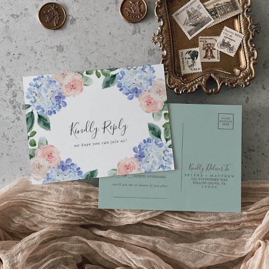 青エレガント紫陽花ソングリクエストRSVPポストカード インビテーションポストカード