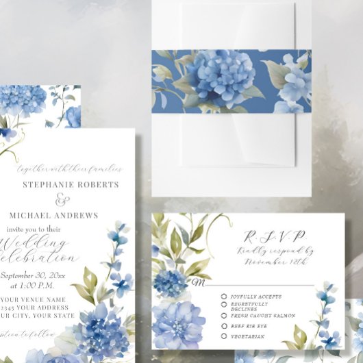 青エレガント紫陽花フローラ水の色結婚の 招待状ベリーバンド