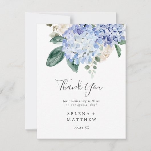 青エレガント紫陽花プリント可能ありがとう 招待状 (正面)