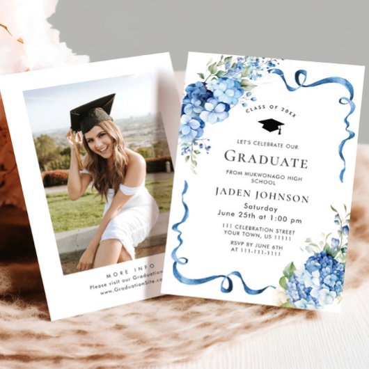 青エレガント紫陽花ボウフォト卒業パーティー 招待状