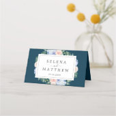 青エレガント紫陽花 |ネイビー折り結婚畳み プレイスカード (裏面)